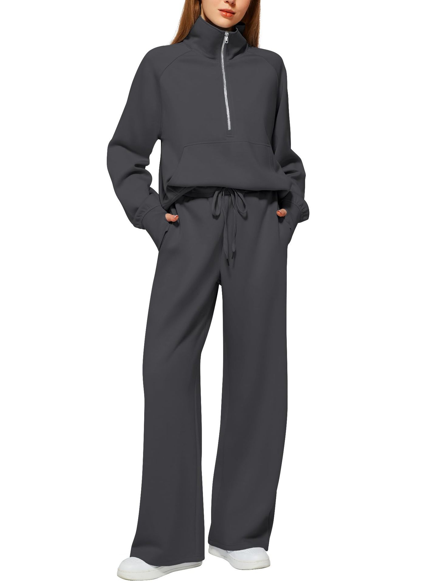Women's Half-Zip Sweatshirt & Wide Leg Pants Co-ord Set | Casual Sporty Two-Piece Outfit