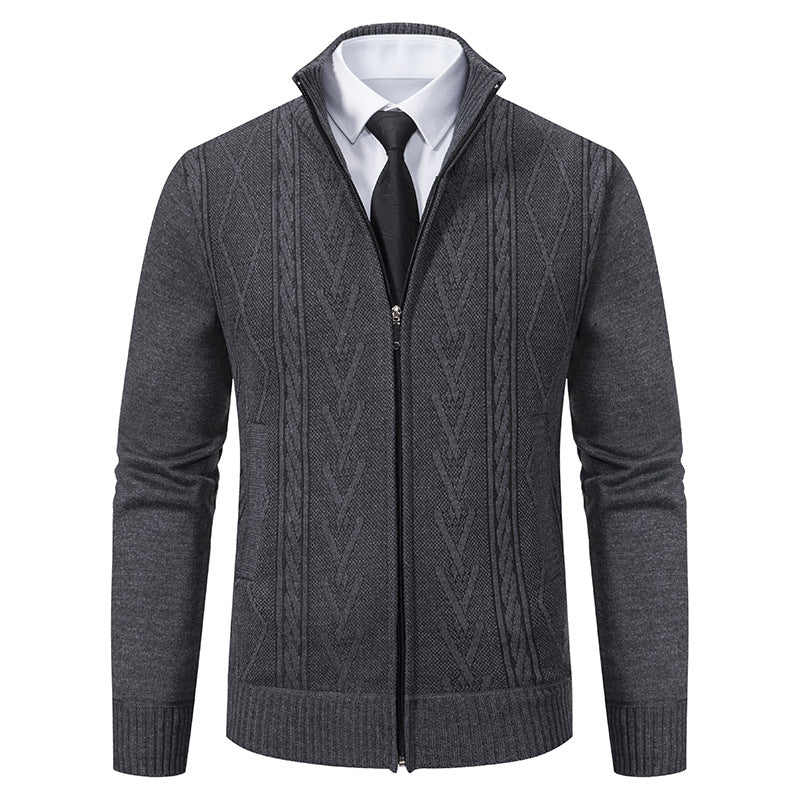 Men's Jacquard Zip-Up Knitted Cardigan | Stand Collar Loose Fit Sweater Top
