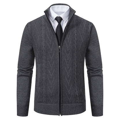 Men's Jacquard Zip-Up Knitted Cardigan | Stand Collar Loose Fit Sweater Top