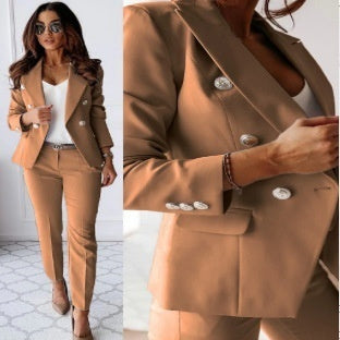 Women's Double-Breasted Blazer & Zip-Up Trousers Suit Set | Slim Lapel Smart-Casual Co-ord