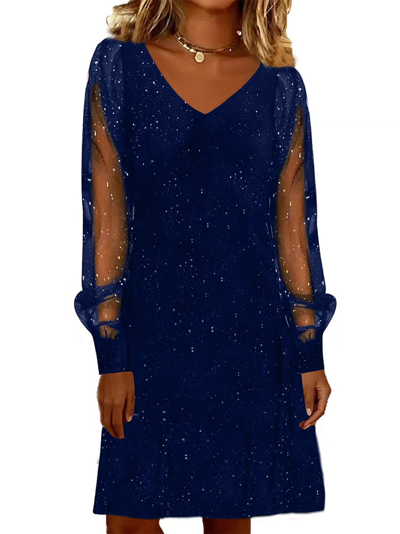Women’s V-Neck Mesh Sleeve Sparkly Party Dress | Elegant Long Sleeve Evening & Cocktail Dress (S–XXL)