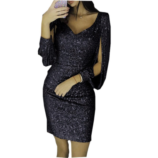 V-Neck Sequin Fringe Midi Dress – Elegant Long Sleeve A-Line Party & Evening Dress for Women