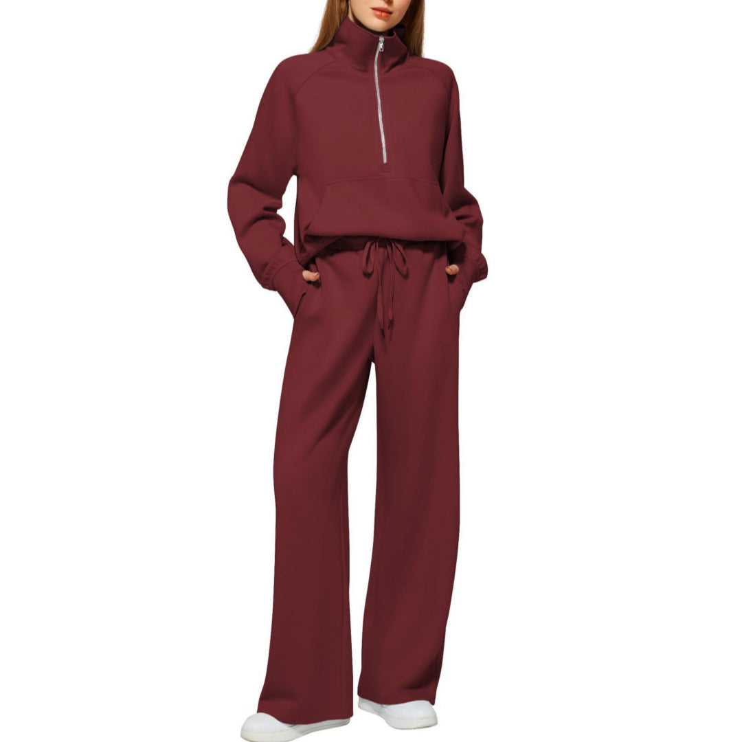 Women's Half-Zip Sweatshirt & Wide Leg Pants Co-ord Set | Casual Sporty Two-Piece Outfit