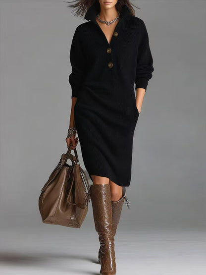 Women's Stand Collar V-Neck Sweater Dress | Long Sleeve Button Pullover Winter Dress