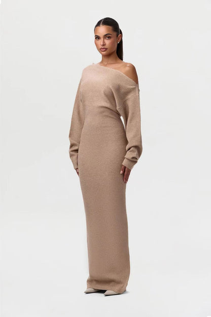 Off-Shoulder Bodycon Knitted Dress | Slim Fit Long Sleeve Evening Party Dress
