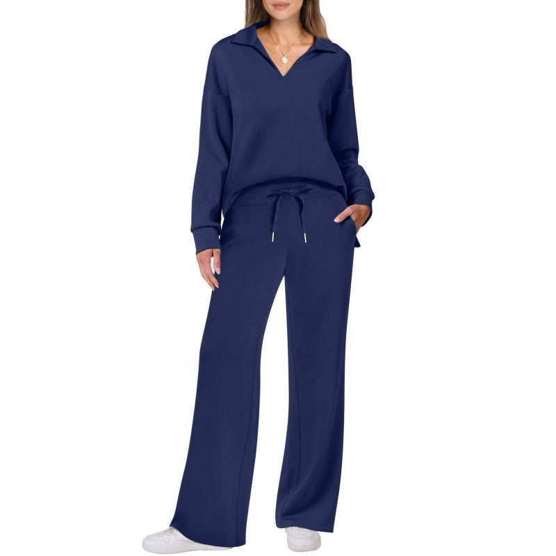 Women's V-Neck Tracksuit Set | Long Sleeve Pullover Top & Drawstring Straight-Leg Trousers