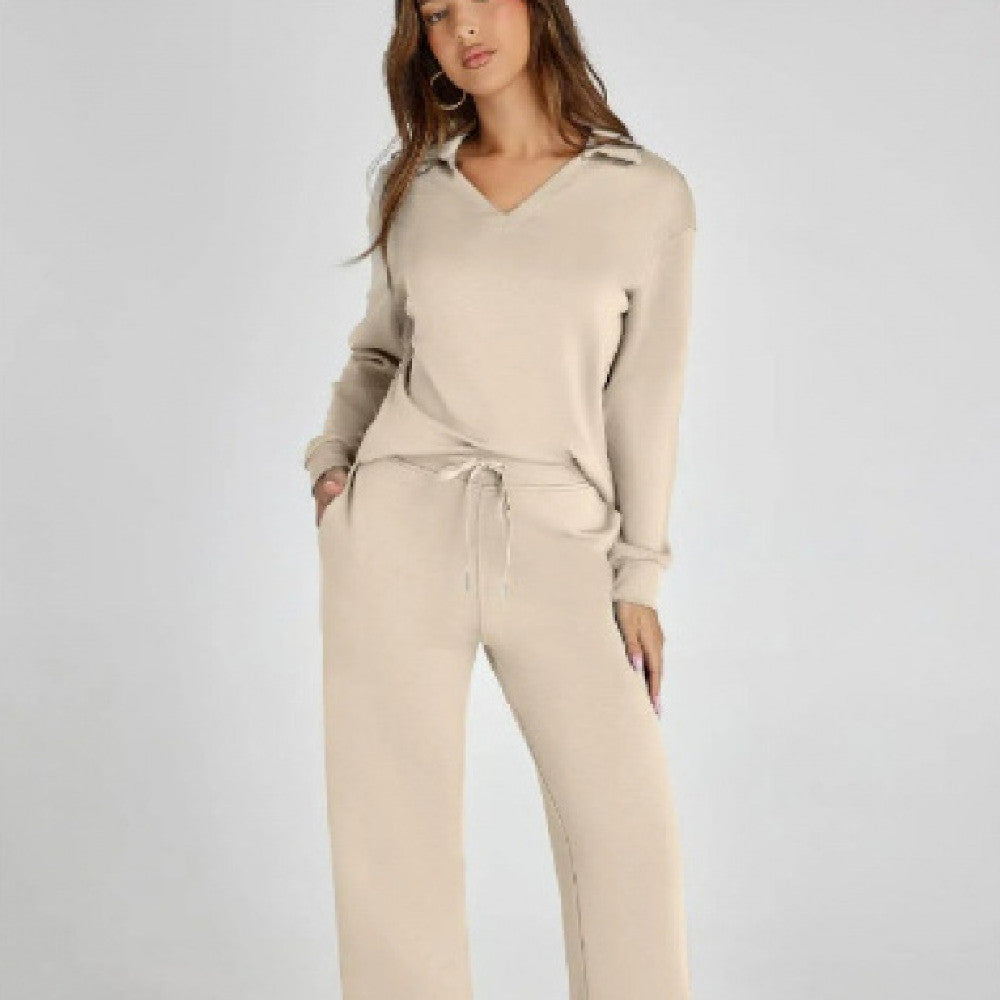 Women's V-Neck Tracksuit Set | Long Sleeve Pullover Top & Drawstring Straight-Leg Trousers