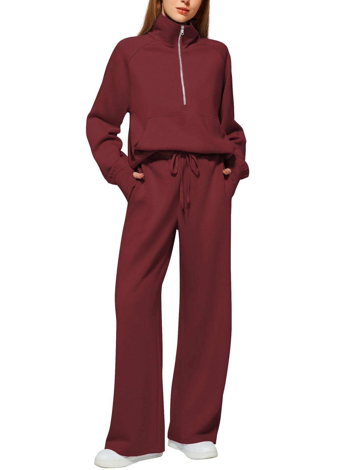 Women's Half-Zip Sweatshirt & Wide Leg Pants Co-ord Set | Casual Sporty Two-Piece Outfit