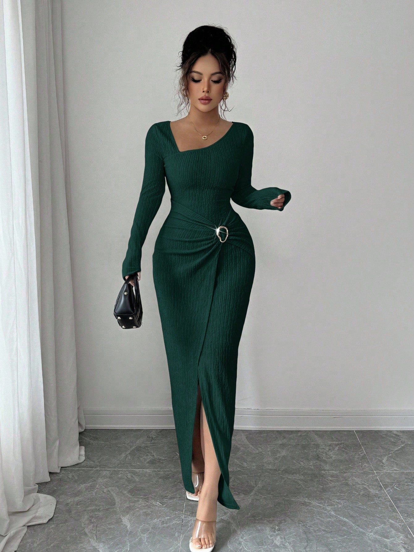Women’s Autumn Winter Irregular Neck Knitted Long Dress – Elegant Split Bodycon Maxi Dress