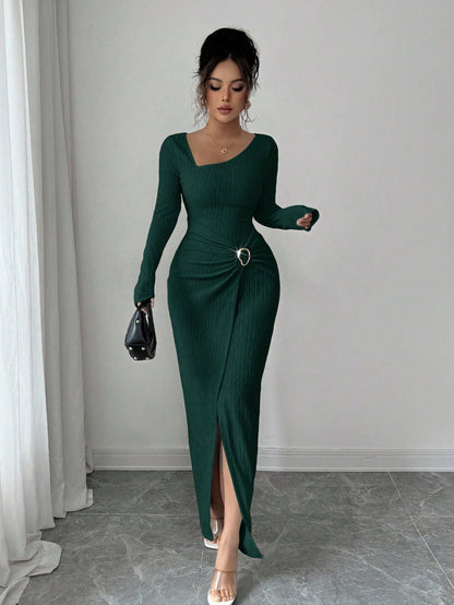 Women’s Autumn Winter Irregular Neck Knitted Long Dress – Elegant Split Bodycon Maxi Dress