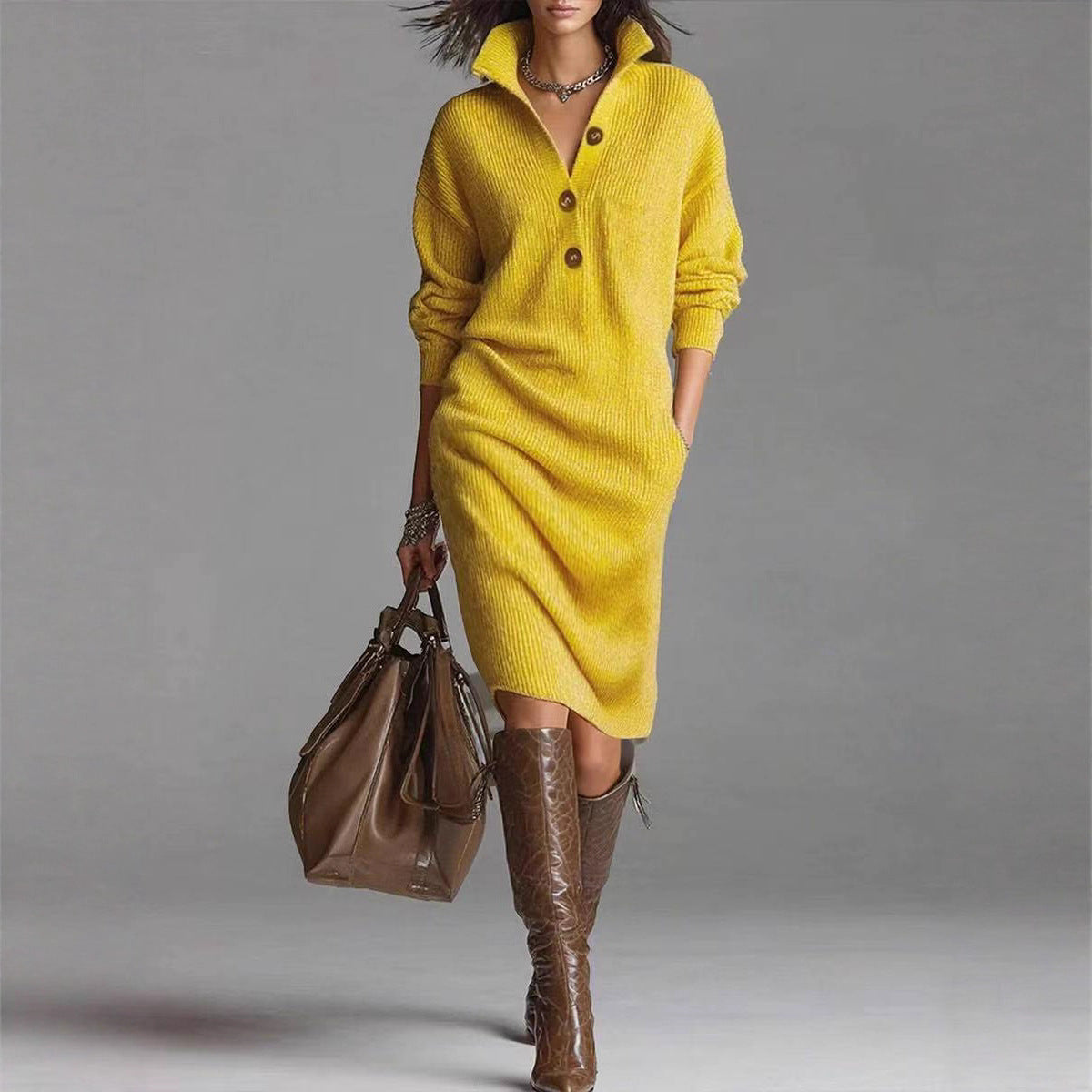 Women's Stand Collar V-Neck Sweater Dress | Long Sleeve Button Pullover Winter Dress