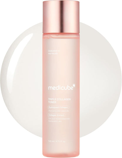 medicube Triple Collagen Toner - Hydrolyzed, Atelo, & Soluble Collagen for Deep Hydration & Plump Skin - Fast-Absorbing Formula for All-Day Suppleness, Korean Skincare (140ml)