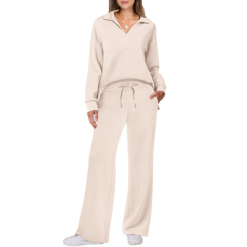 Women's V-Neck Tracksuit Set | Long Sleeve Pullover Top & Drawstring Straight-Leg Trousers