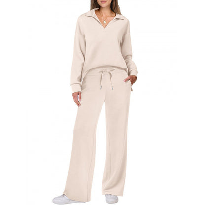 Women's V-Neck Tracksuit Set | Long Sleeve Pullover Top & Drawstring Straight-Leg Trousers