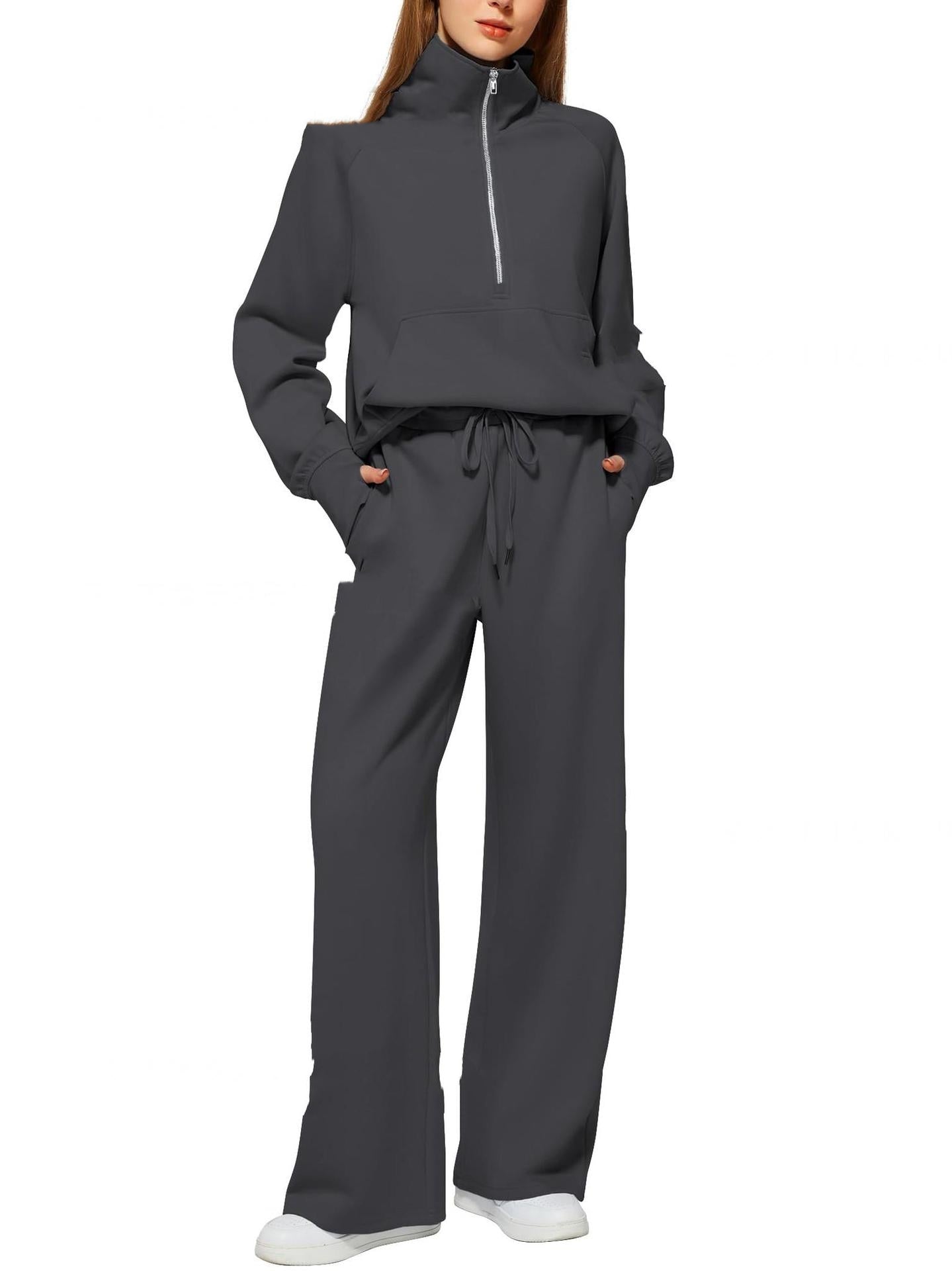 Women's Half-Zip Sweatshirt & Wide Leg Pants Co-ord Set | Casual Sporty Two-Piece Outfit