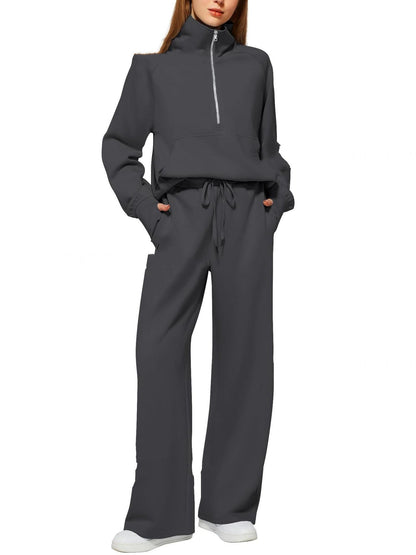 Women's Half-Zip Sweatshirt & Wide Leg Pants Co-ord Set | Casual Sporty Two-Piece Outfit