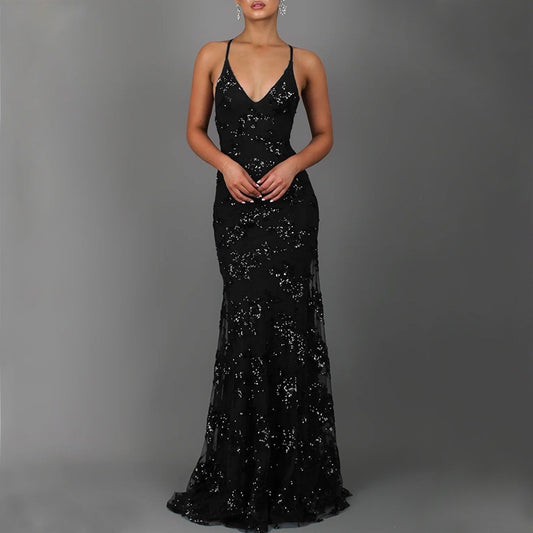 Women's Sequined Backless V-Neck Party Dress | Glamorous Princess Style