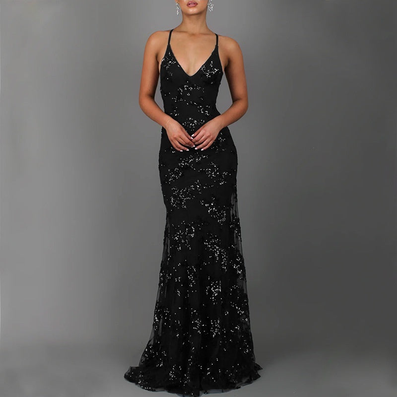 Women's Sequined Backless V-Neck Party Dress | Glamorous Princess Style