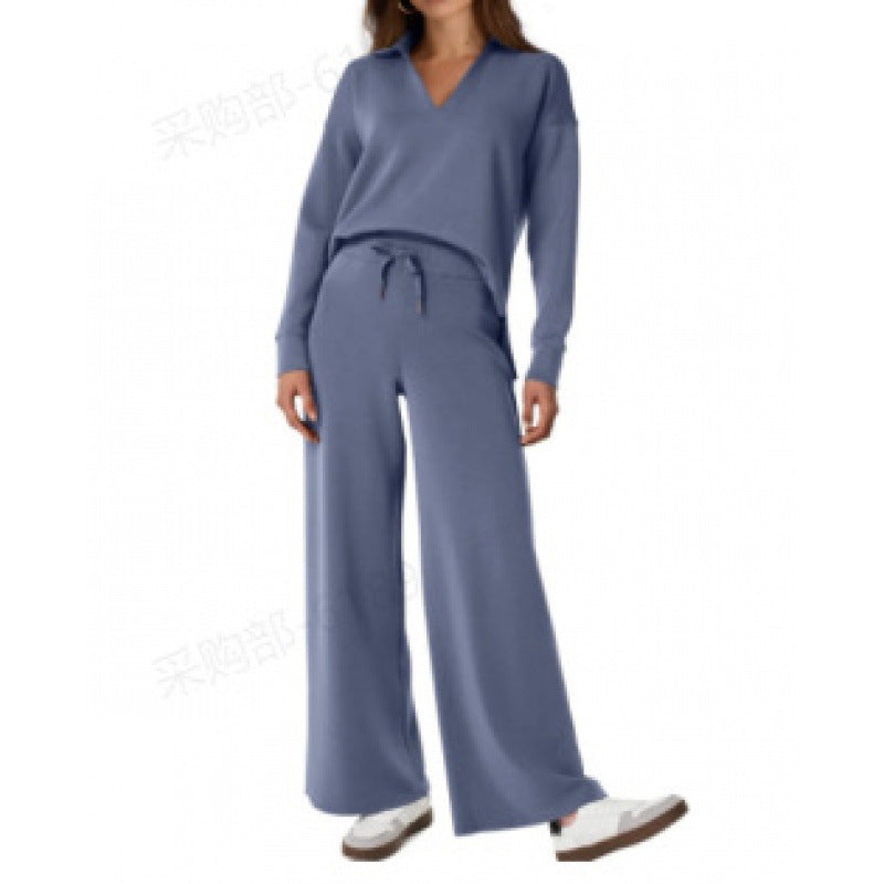 Women's V-Neck Tracksuit Set | Long Sleeve Pullover Top & Drawstring Straight-Leg Trousers