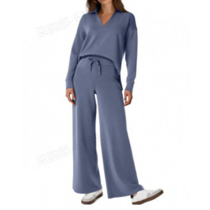 Women's V-Neck Tracksuit Set | Long Sleeve Pullover Top & Drawstring Straight-Leg Trousers
