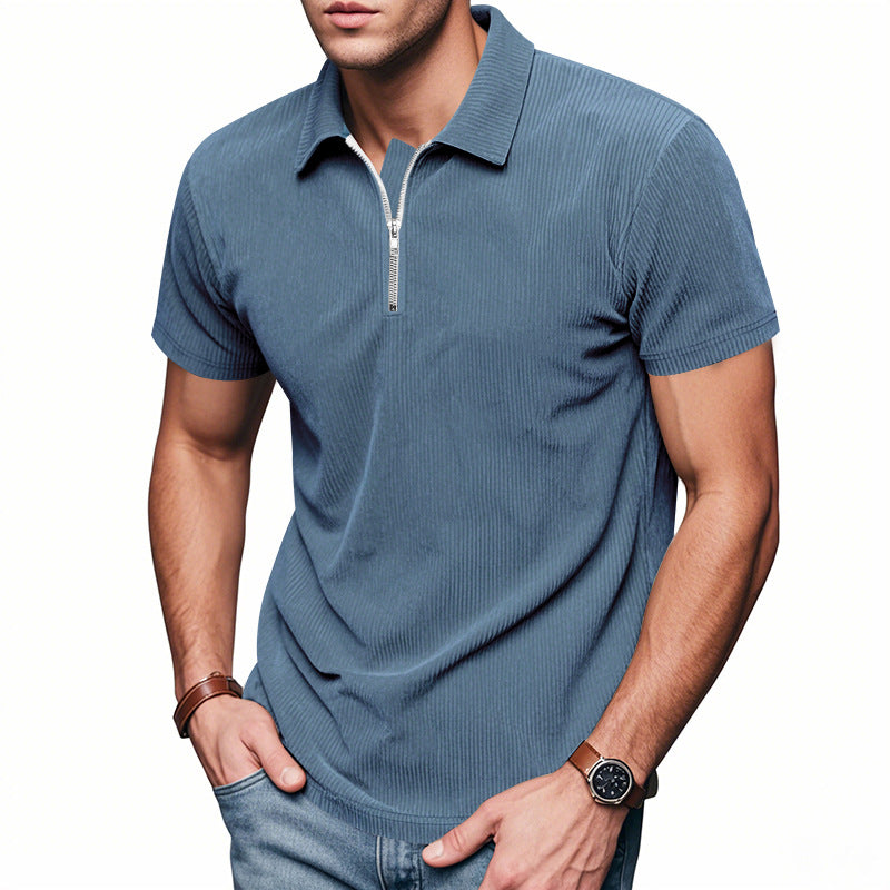 Men’s Loose Fit Corduroy Half-Zip Polo Short Sleeve T-Shirt – Casual Pullover Streetwear Top (S–XXXL)