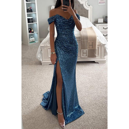 Women's Sequin Tube Top Maxi Dress | Off-Shoulder Split Swing Skirt Party Gown