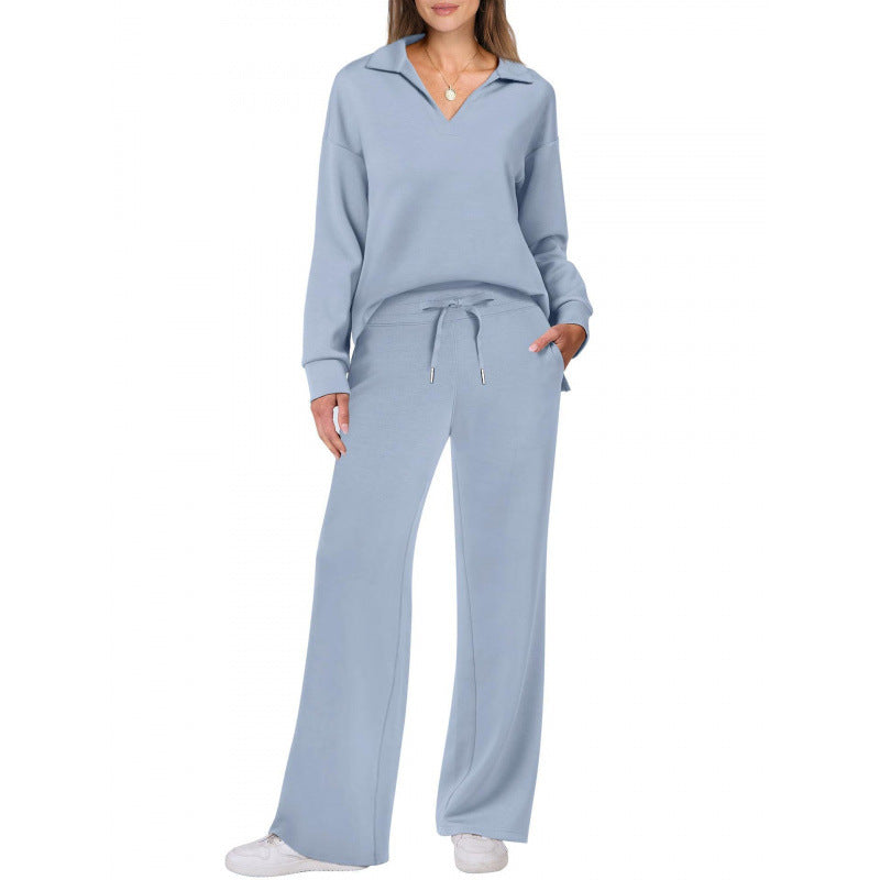 Women's V-Neck Tracksuit Set | Long Sleeve Pullover Top & Drawstring Straight-Leg Trousers