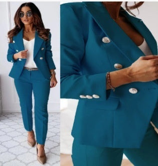 Women's Double-Breasted Blazer & Zip-Up Trousers Suit Set | Slim Lapel Smart-Casual Co-ord