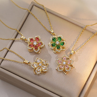 Women's Rhinestone Bauhinia Flower Necklace | Rotatable Pendant Titanium Steel Jewellery