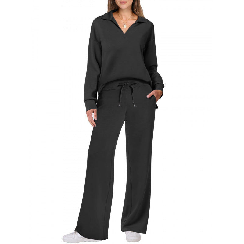Women's V-Neck Tracksuit Set | Long Sleeve Pullover Top & Drawstring Straight-Leg Trousers