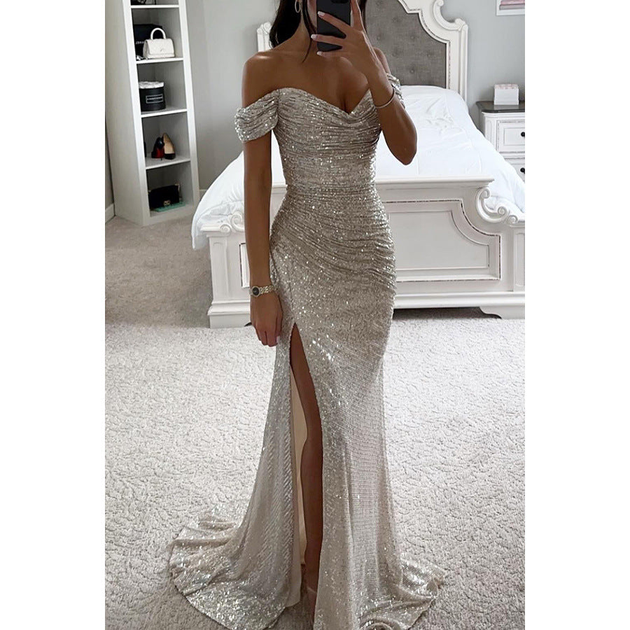 Women's Sequin Tube Top Maxi Dress | Off-Shoulder Split Swing Skirt Party Gown