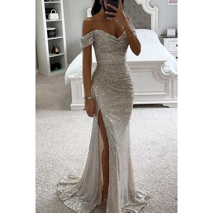Women's Sequin Tube Top Maxi Dress | Off-Shoulder Split Swing Skirt Party Gown