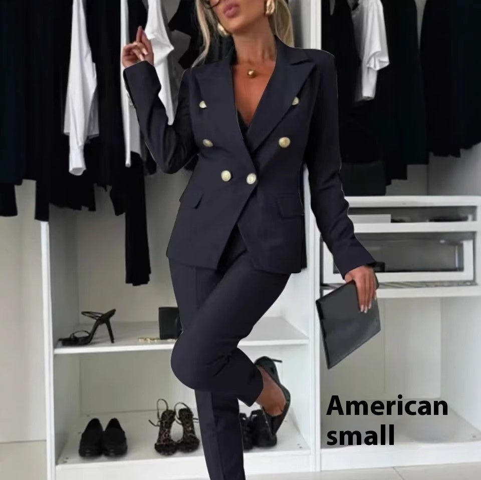 Women's Double-Breasted Blazer & Zip-Up Trousers Suit Set | Slim Lapel Smart-Casual Co-ord