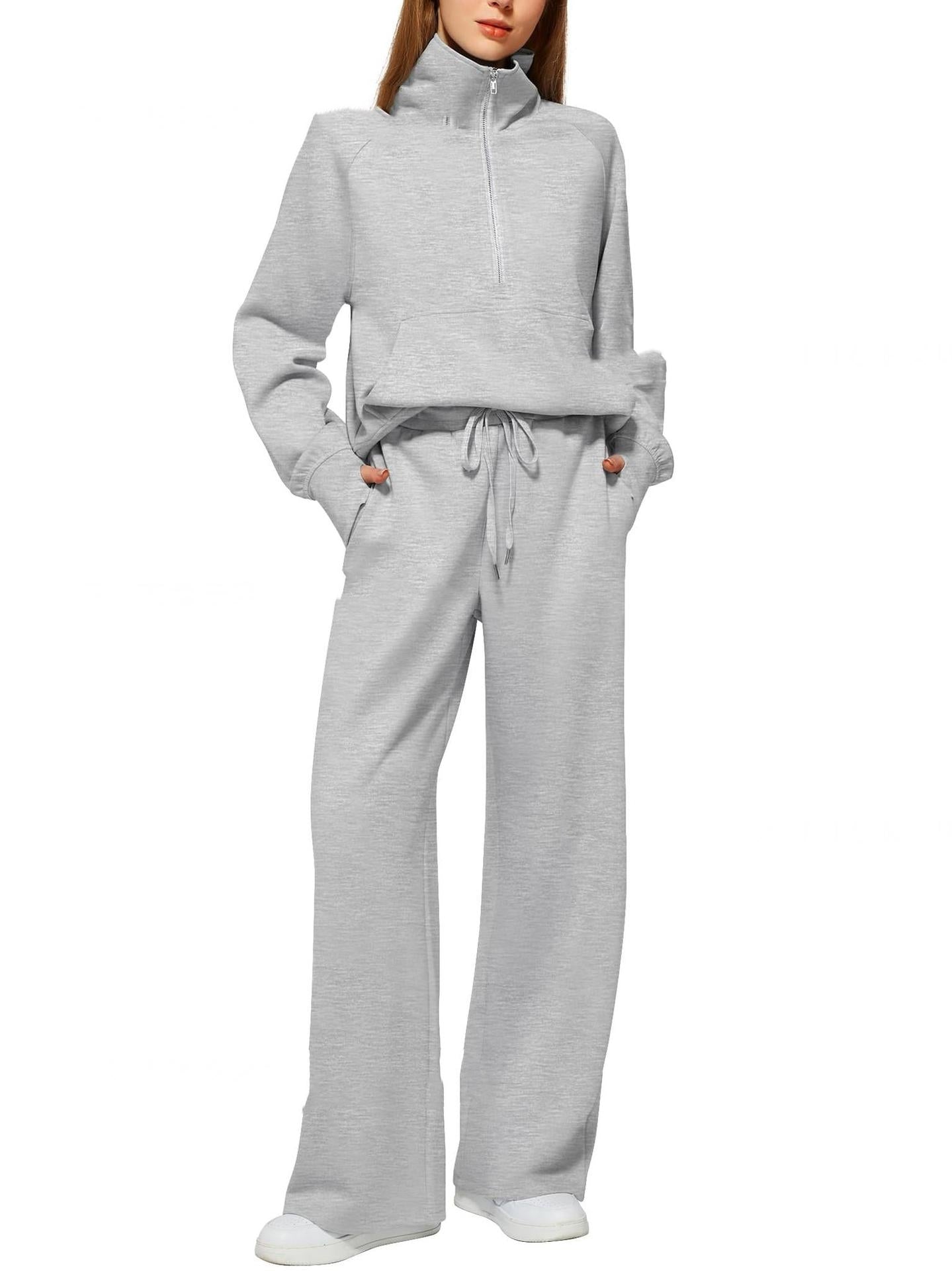 Women's Half-Zip Sweatshirt & Wide Leg Pants Co-ord Set | Casual Sporty Two-Piece Outfit