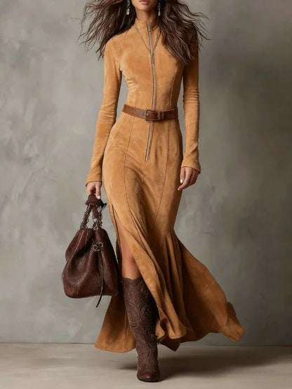 Women's Slim Fishtail Midi Dress | High Waist Split Long Sleeve Retro Dress