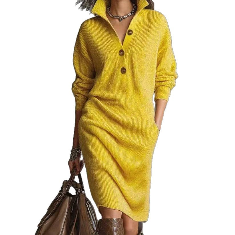 Women's Stand Collar V-Neck Sweater Dress | Long Sleeve Button Pullover Winter Dress