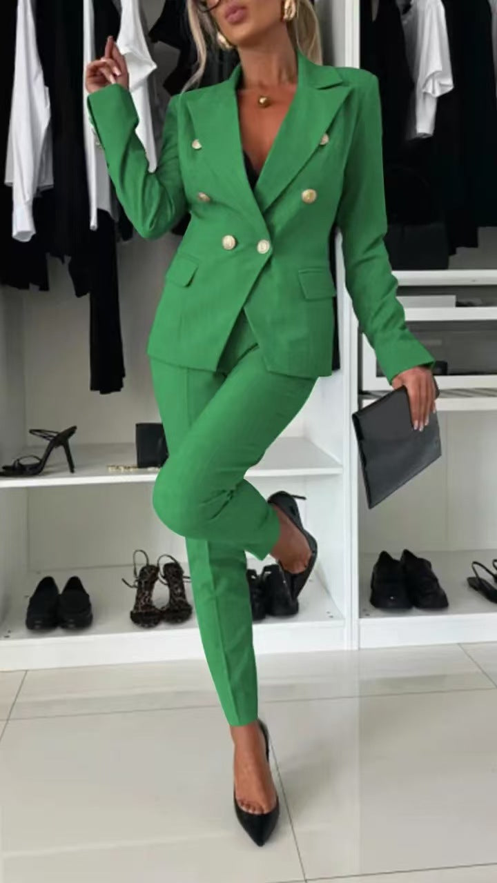 Women's Double-Breasted Blazer & Zip-Up Trousers Suit Set | Slim Lapel Smart-Casual Co-ord