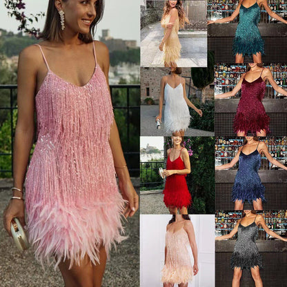 Feather & Sequin Mini Dress | V-Neck Spaghetti Strap Party Dress