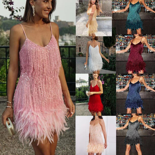 Feather & Sequin Mini Dress | V-Neck Spaghetti Strap Party Dress