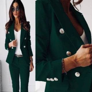 Women's Double-Breasted Blazer & Zip-Up Trousers Suit Set | Slim Lapel Smart-Casual Co-ord