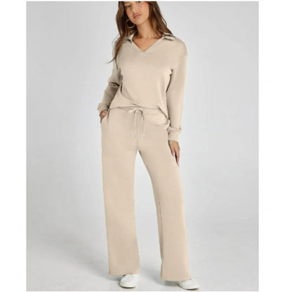 Women's V-Neck Tracksuit Set | Long Sleeve Pullover Top & Drawstring Straight-Leg Trousers