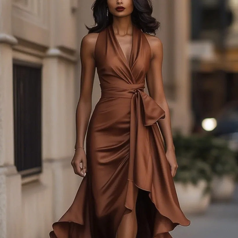 Women's Elegant Deep V-Neck Asymmetric Ruffle Satin Dress | Lace-Up High Waist Party & Wedding Guest Gown