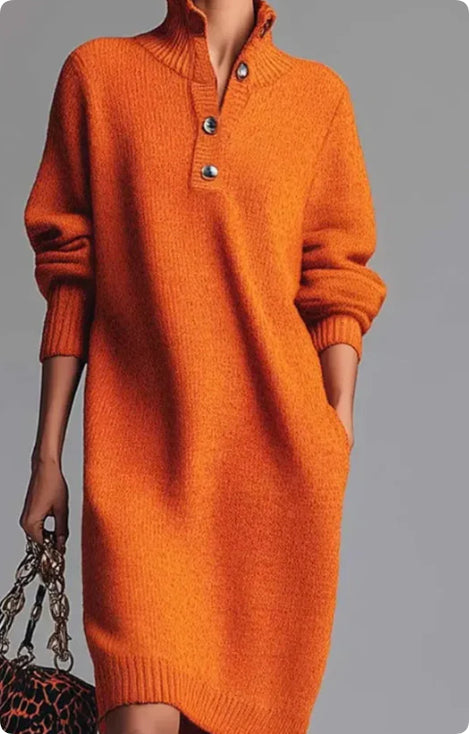 Women's Stand Collar V-Neck Sweater Dress | Long Sleeve Button Pullover Winter Dress