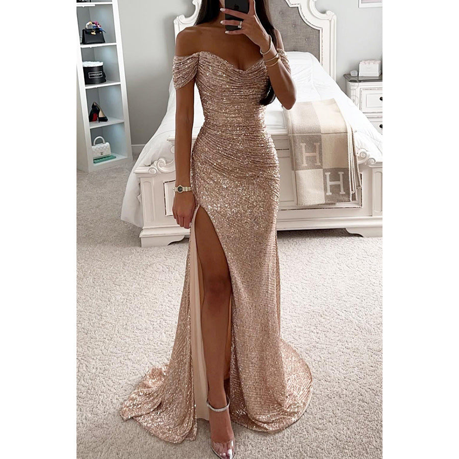 Women's Sequin Tube Top Maxi Dress | Off-Shoulder Split Swing Skirt Party Gown