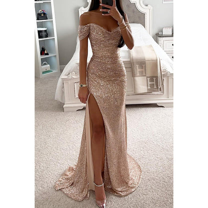 Women's Sequin Tube Top Maxi Dress | Off-Shoulder Split Swing Skirt Party Gown