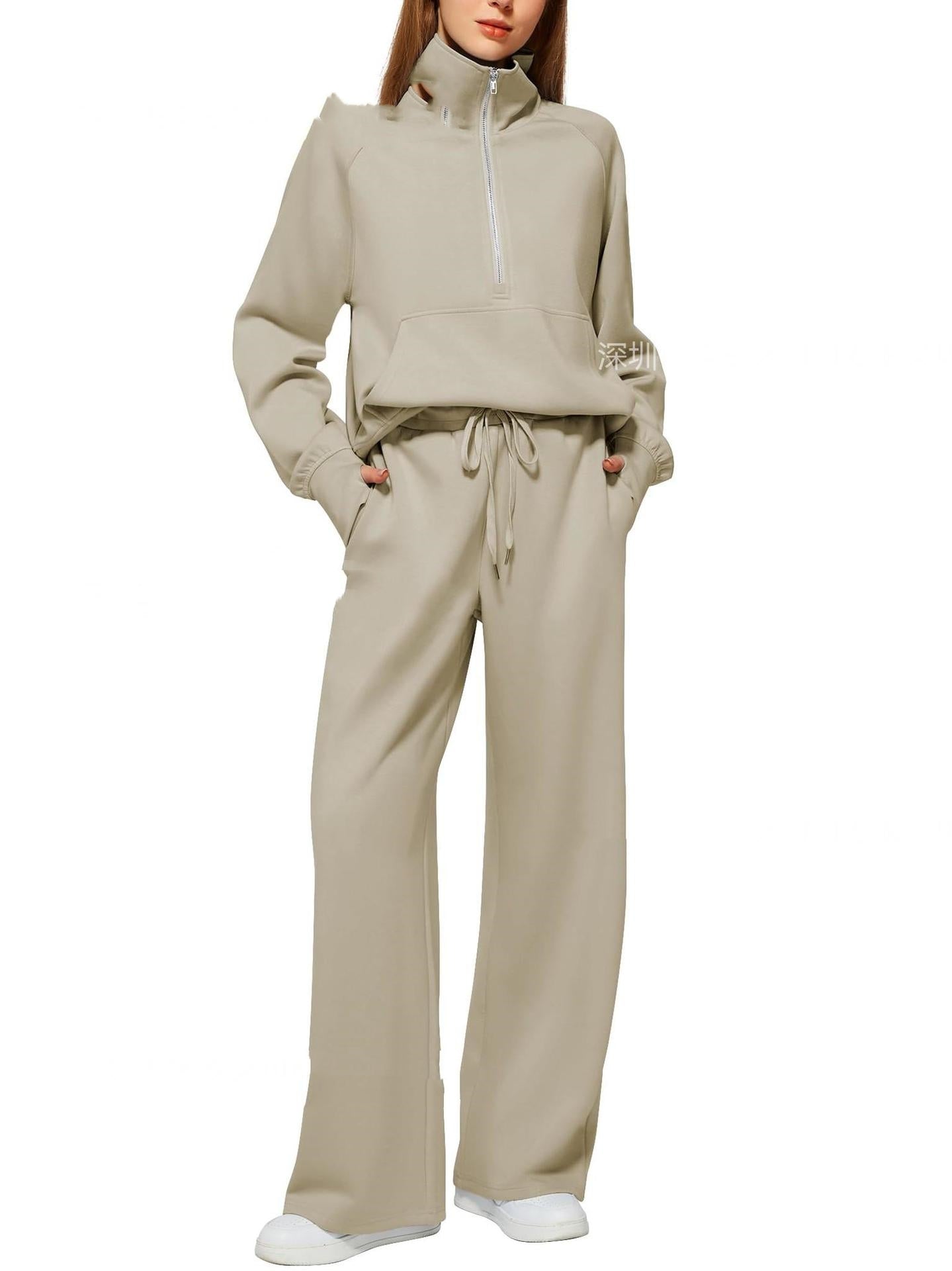 Women's Half-Zip Sweatshirt & Wide Leg Pants Co-ord Set | Casual Sporty Two-Piece Outfit