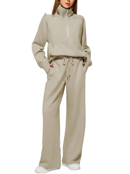 Women's Half-Zip Sweatshirt & Wide Leg Pants Co-ord Set | Casual Sporty Two-Piece Outfit