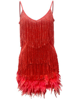 Feather & Sequin Mini Dress | V-Neck Spaghetti Strap Party Dress
