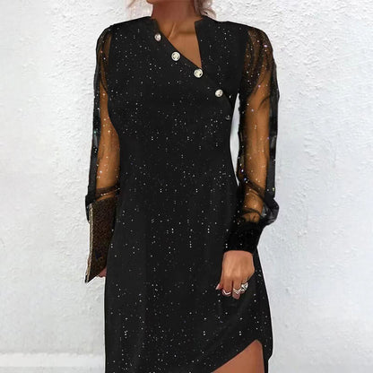 Women’s Lace Mesh Sequin Patchwork Long-Sleeve Mid-Length Dress | Elegant High Waist Evening Party Dress (S–XXL)