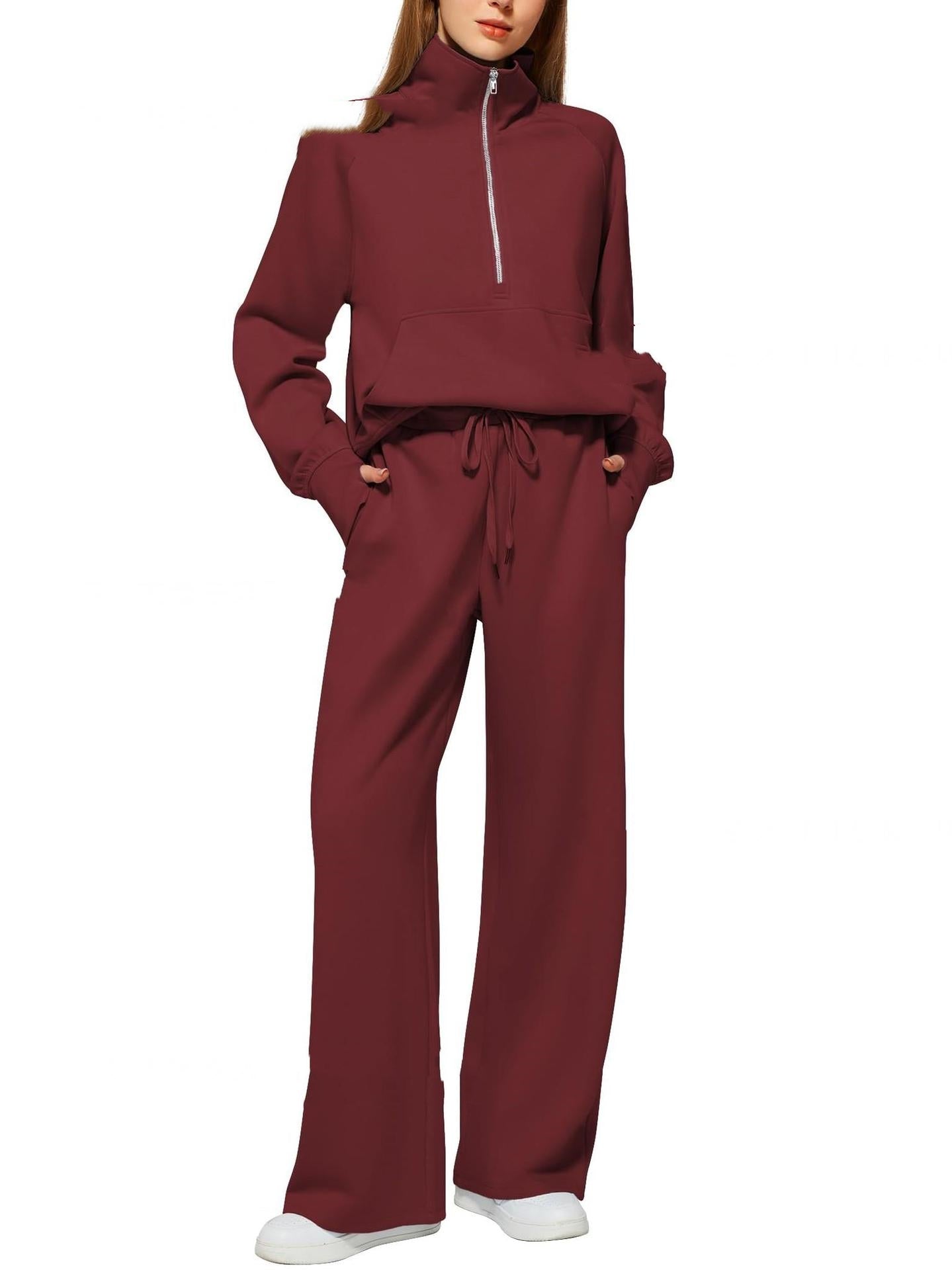 Women's Half-Zip Sweatshirt & Wide Leg Pants Co-ord Set | Casual Sporty Two-Piece Outfit